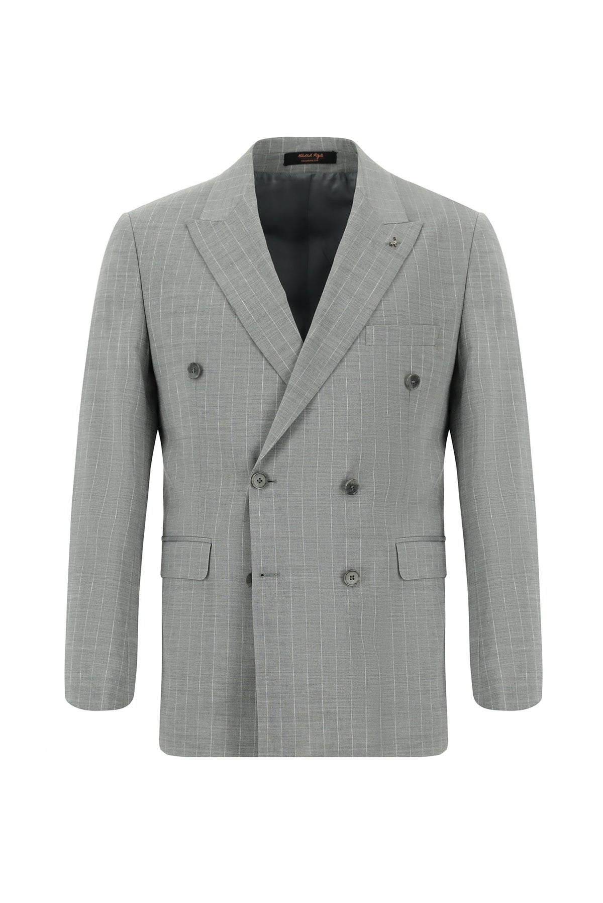 Orta Gri 7 Drop Slim Fit Dar Kesim Keten Çizgili Kruvaze Takım Elbise