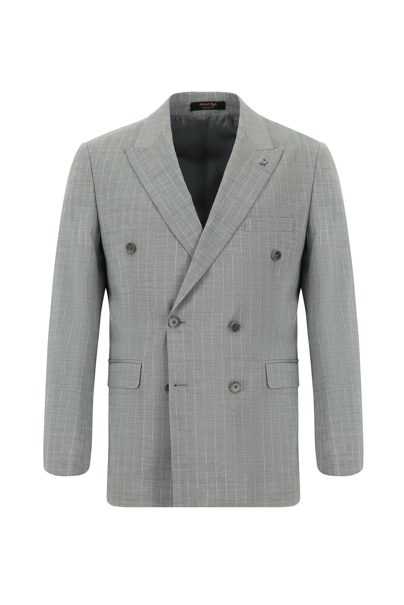 Orta Gri Slim Fit Dar Kesim Keten Çizgili Kruvaze Takım Elbise