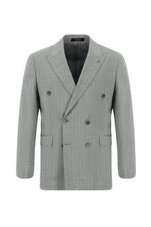 Orta Gri Slim Fit Dar Kesim Keten Çizgili Kruvaze Takım Elbise