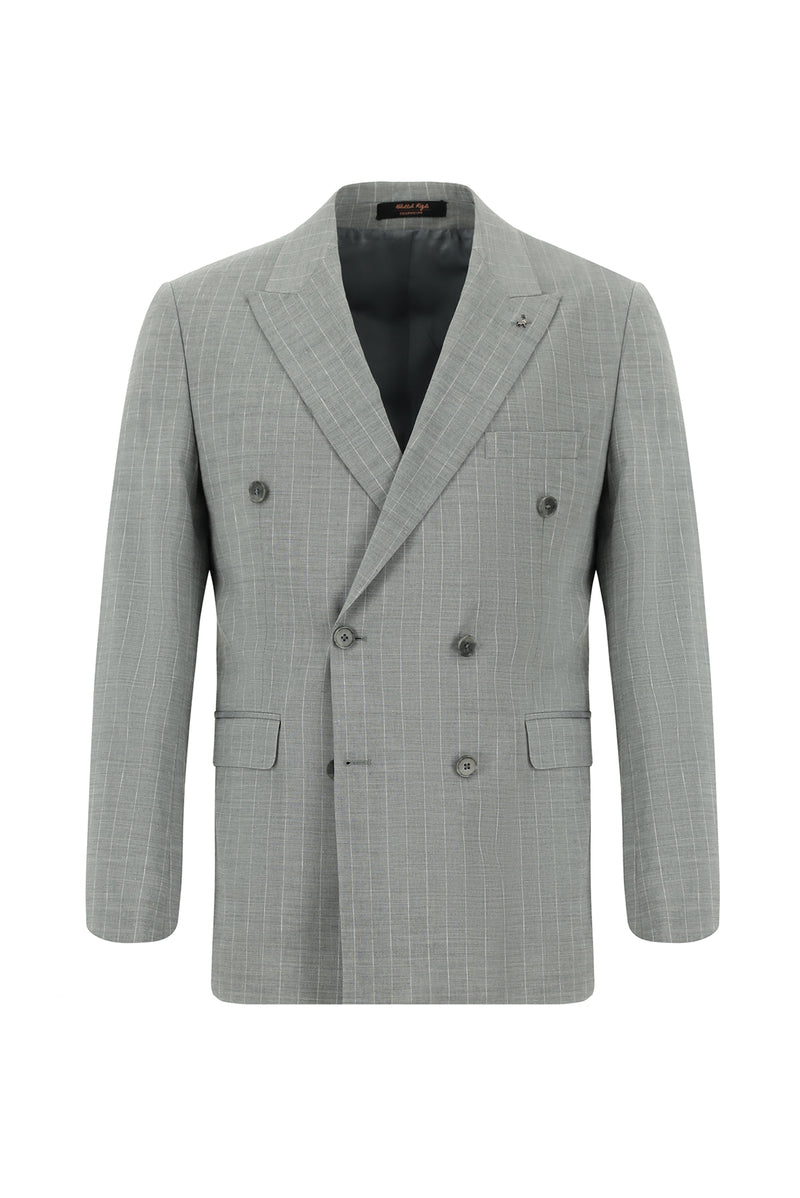 Orta Gri Slim Fit Dar Kesim Keten Çizgili Kruvaze Takım Elbise