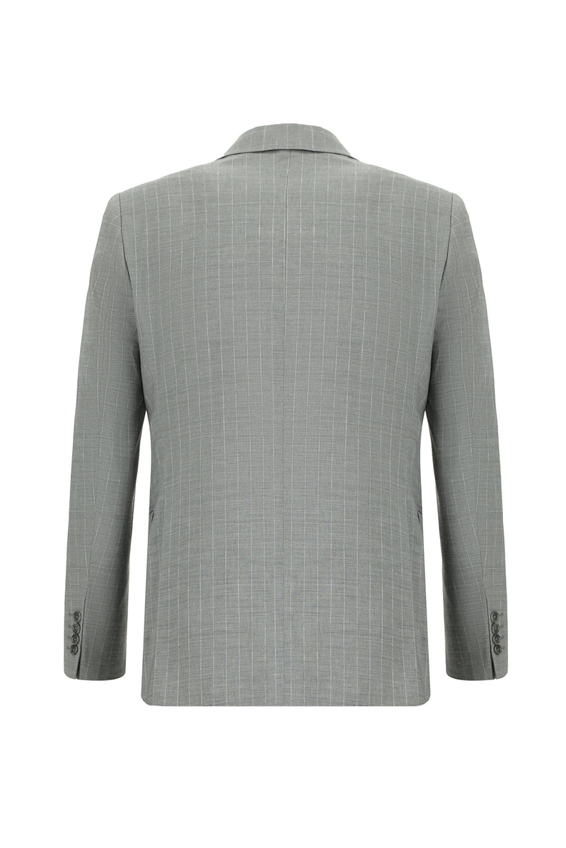 Orta Gri Slim Fit Dar Kesim Keten Çizgili Kruvaze Takım Elbise