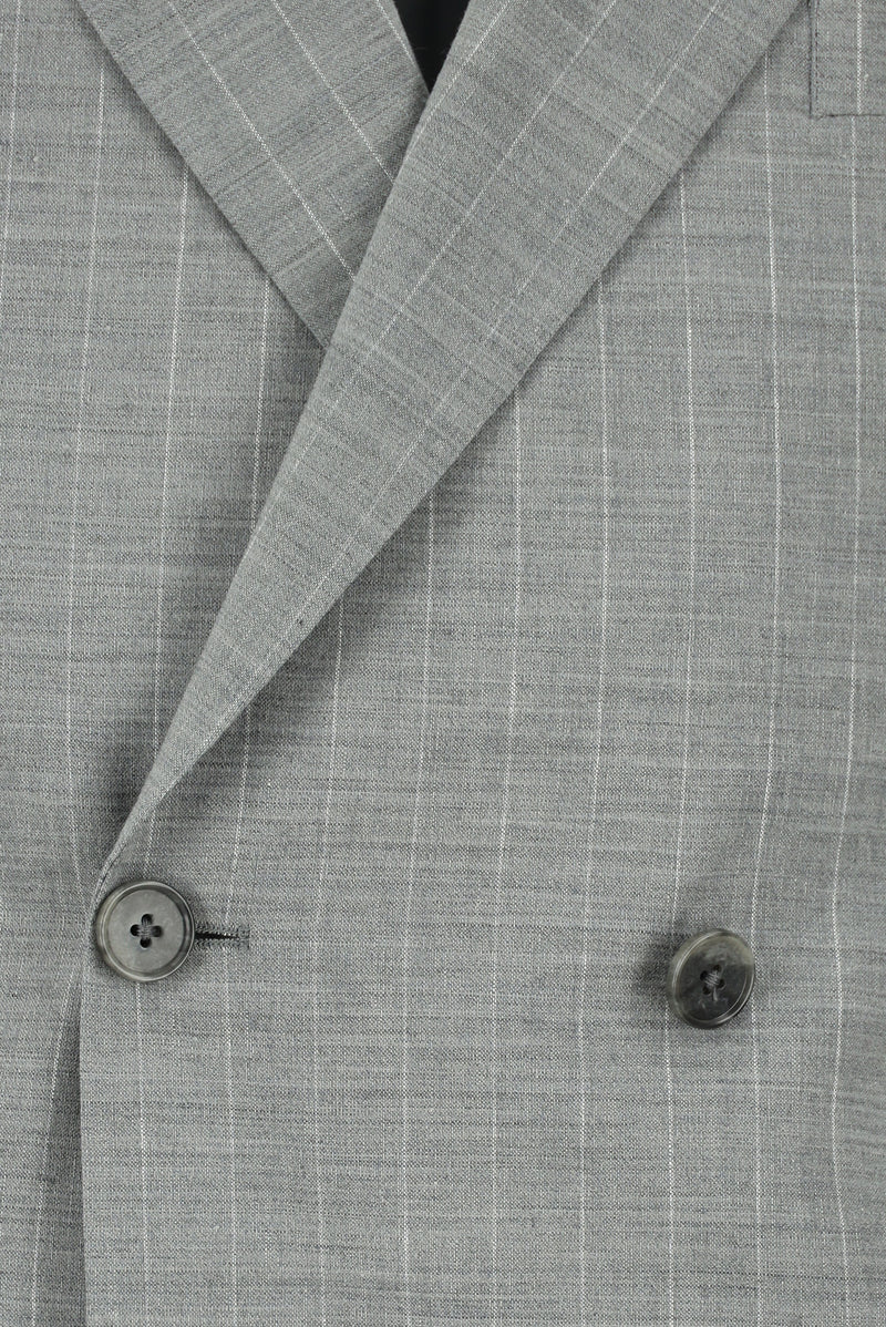 Orta Gri Slim Fit Dar Kesim Keten Çizgili Kruvaze Takım Elbise