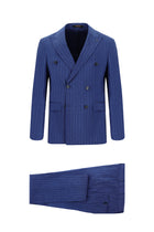 Açık Lacivert Slim Fit Dar Kesim Keten Çizgili Kruvaze Takım Elbise