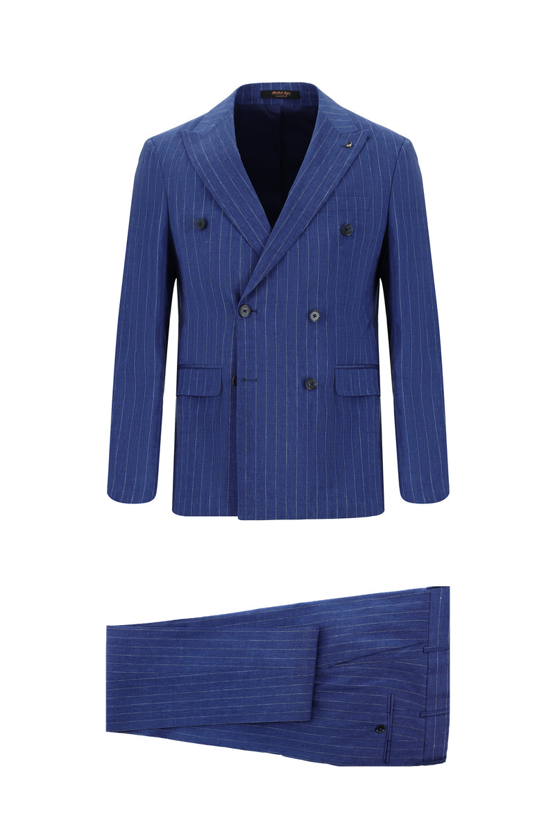 Açık Lacivert Slim Fit Dar Kesim Keten Çizgili Kruvaze Takım Elbise