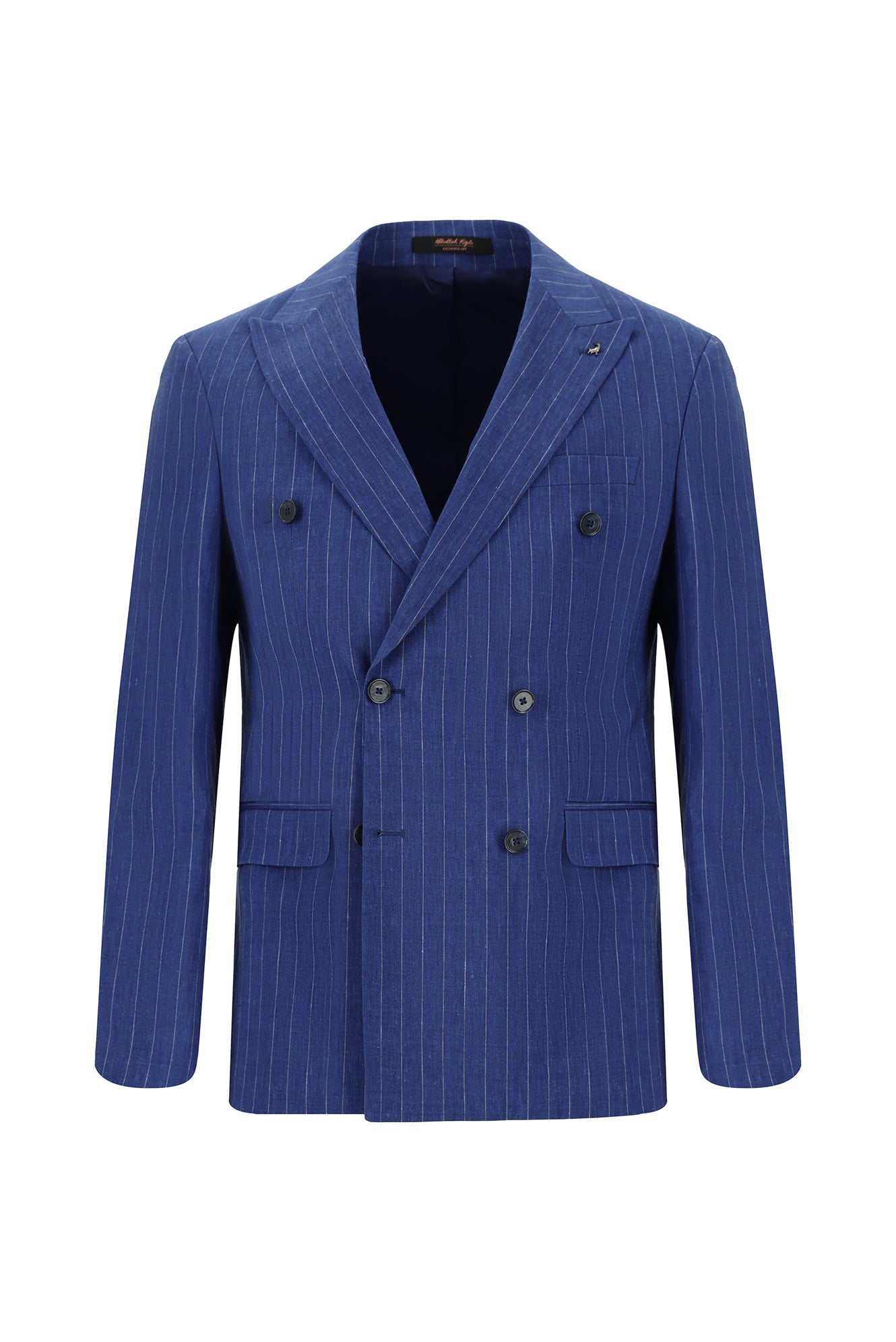 Açık Lacivert Slim Fit Dar Kesim Keten Çizgili Kruvaze Takım Elbise