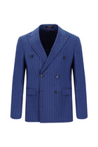 Açık Lacivert Slim Fit Dar Kesim Keten Çizgili Kruvaze Takım Elbise