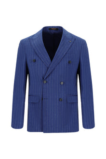 Açık Lacivert Slim Fit Dar Kesim Keten Çizgili Kruvaze Takım Elbise