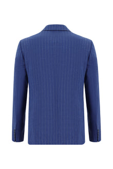 Açık Lacivert Super Slim Fit Ekstra Dar Kesim Keten Çizgili Kruvaze Takım Elbise