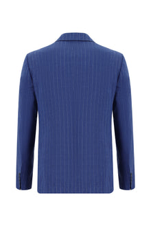 Aç?k Lacivert 7 Drop Slim Fit Dar Kesim Keten Çizgili Kruvaze Tak?m Elbise-Abdullah Ki??l?