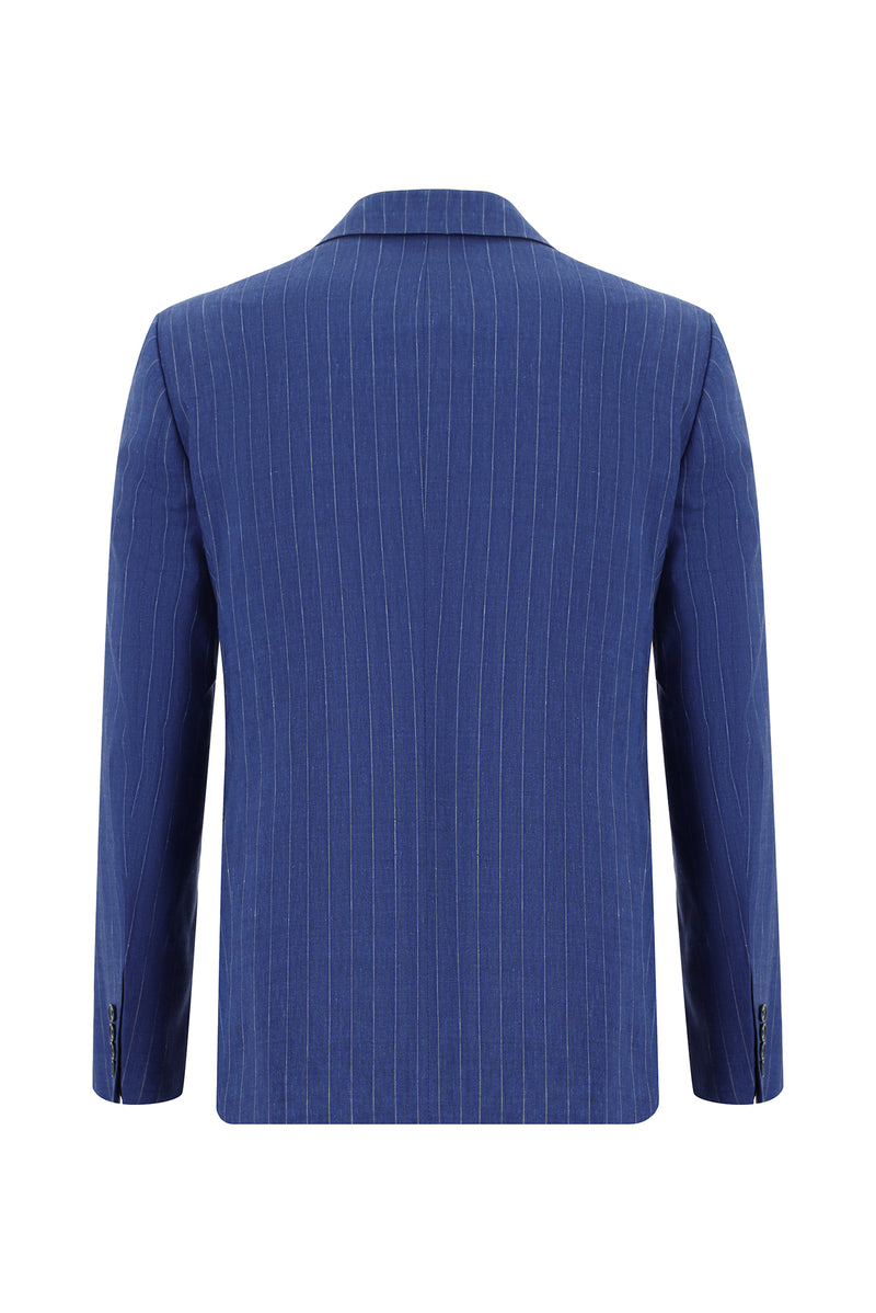 Açık Lacivert Slim Fit Dar Kesim Keten Çizgili Kruvaze Takım Elbise