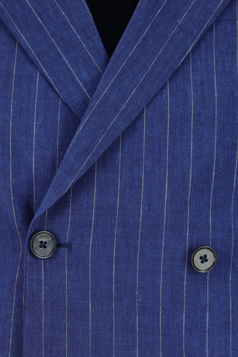 Açık Lacivert Regular Fit Keten Çizgili Kruvaze Takım Elbise