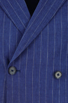 Açık Lacivert Super Slim Fit Ekstra Dar Kesim Keten Çizgili Kruvaze Takım Elbise
