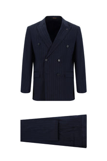 Koyu Lacivert Slim Fit Dar Kesim Keten Çizgili Kruvaze Takım Elbise