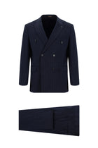 Koyu Lacivert Super Slim Fit Ekstra Dar Kesim Keten Çizgili Kruvaze Takım Elbise