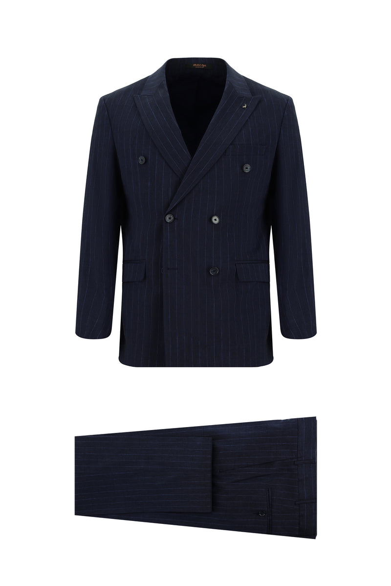 Koyu Lacivert Super Slim Fit Ekstra Dar Kesim Keten Çizgili Kruvaze Takım Elbise