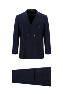 Koyu Lacivert Slim Fit Dar Kesim Keten Çizgili Kruvaze Takım Elbise