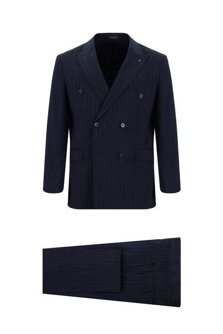 Koyu Lacivert Slim Fit Dar Kesim Keten Çizgili Kruvaze Takım Elbise