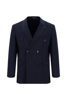 Koyu Lacivert Super Slim Fit Ekstra Dar Kesim Keten Çizgili Kruvaze Takım Elbise