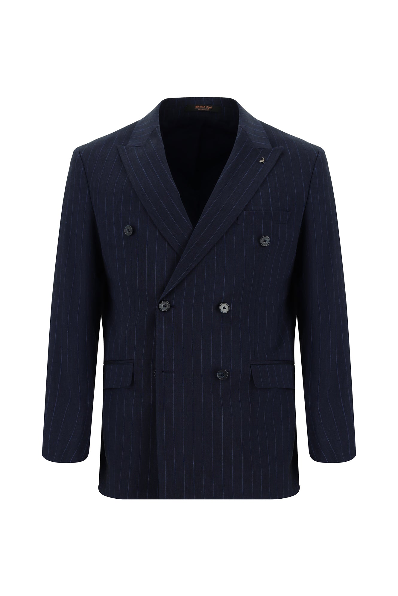 Koyu Lacivert Slim Fit Dar Kesim Keten Çizgili Kruvaze Takım Elbise