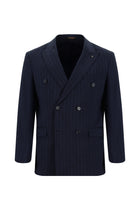 Koyu Lacivert Slim Fit Dar Kesim Keten Çizgili Kruvaze Takım Elbise