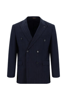 Koyu Lacivert Slim Fit Dar Kesim Keten Çizgili Kruvaze Takım Elbise