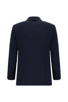 Koyu Lacivert Slim Fit Dar Kesim Keten Çizgili Kruvaze Takım Elbise