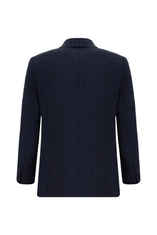 Koyu Lacivert Slim Fit Dar Kesim Keten Çizgili Kruvaze Takım Elbise