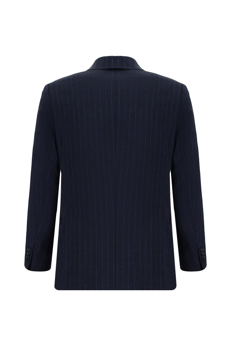 Koyu Lacivert Super Slim Fit Ekstra Dar Kesim Keten Çizgili Kruvaze Takım Elbise