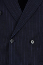 Koyu Lacivert Super Slim Fit Ekstra Dar Kesim Keten Çizgili Kruvaze Takım Elbise