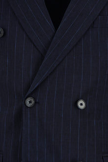 Koyu Lacivert Super Slim Fit Ekstra Dar Kesim Keten Çizgili Kruvaze Takım Elbise