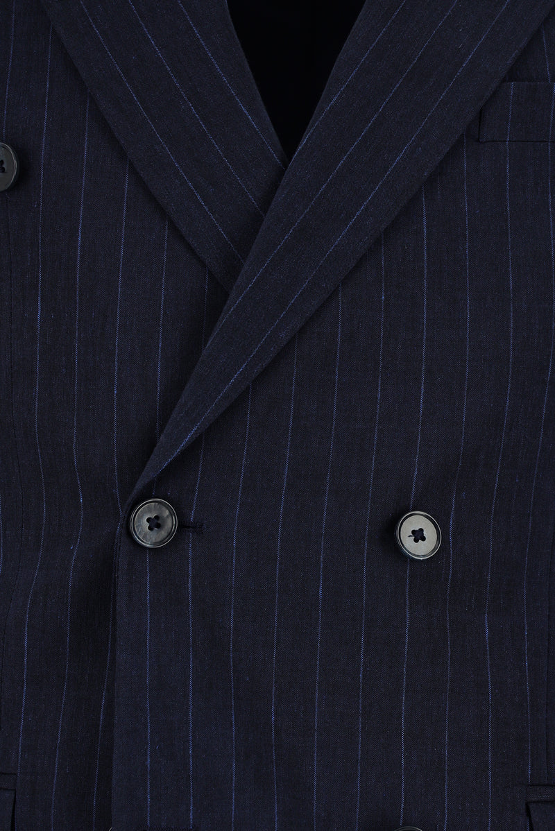 Koyu Lacivert Super Slim Fit Ekstra Dar Kesim Keten Çizgili Kruvaze Takım Elbise