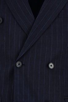 Koyu Lacivert Slim Fit Dar Kesim Keten Çizgili Kruvaze Takım Elbise