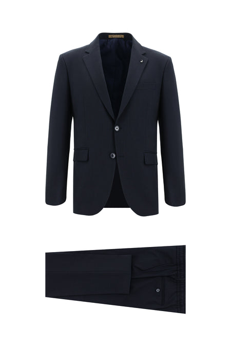 Koyu Lacivert Slim Fit Dar Kesim Yünlü Çizgili Takım Elbise