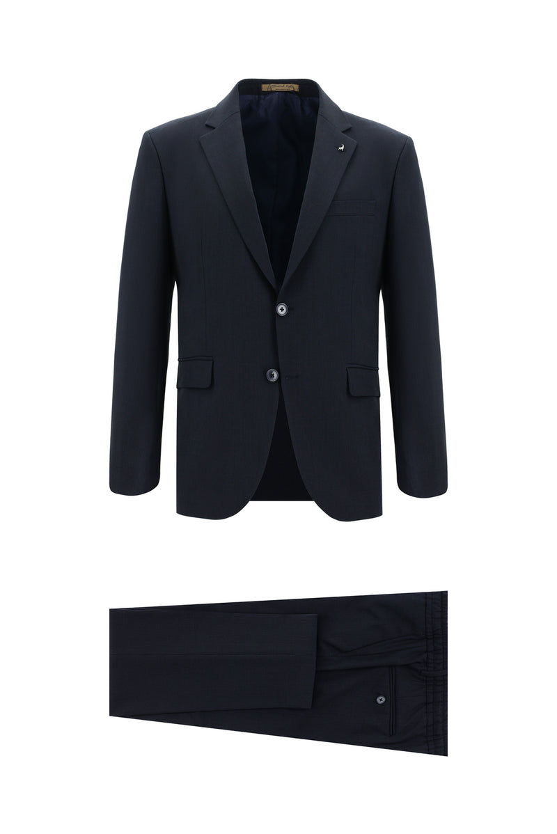 Koyu Lacivert Slim Fit Dar Kesim Yünlü Çizgili Takım Elbise