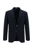 Koyu Lacivert Slim Fit Dar Kesim Yünlü Çizgili Takım Elbise