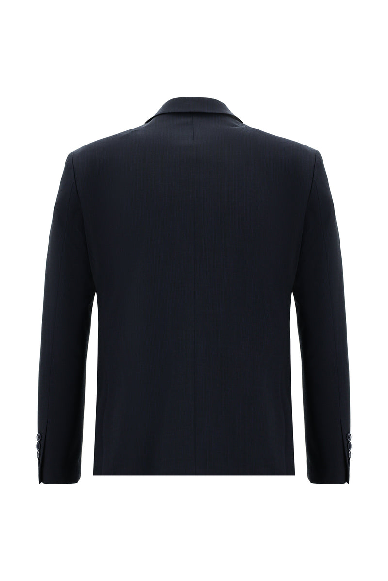 Koyu Lacivert Slim Fit Dar Kesim Yünlü Çizgili Takım Elbise