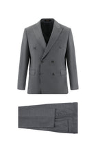 Orta Füme Slim Fit Dar Kesim Yünlü Kruvaze Çizgili Takım Elbise