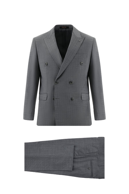 Orta Füme Slim Fit Dar Kesim Yünlü Kruvaze Çizgili Takım Elbise