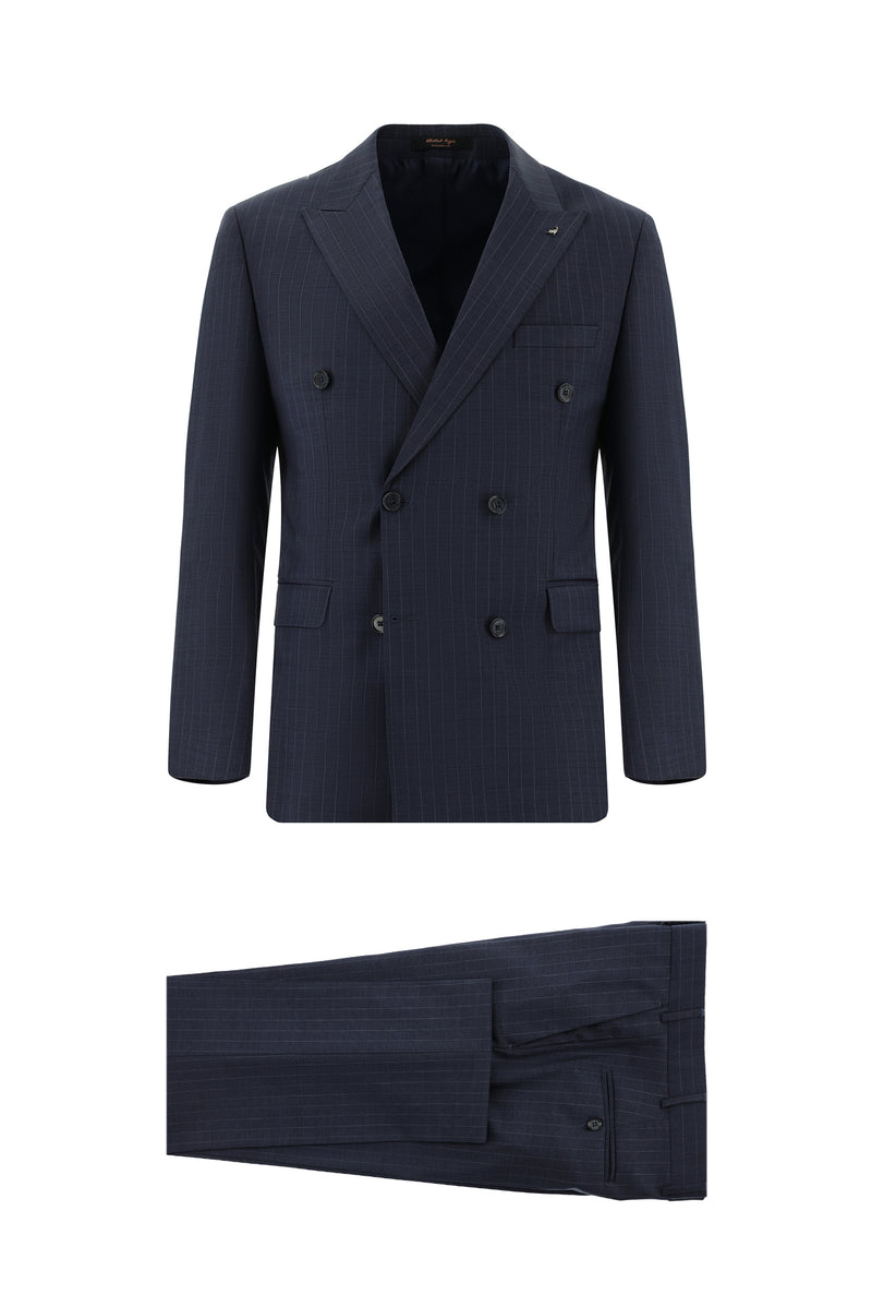 Orta Lacivert Slim Fit Dar Kesim Yünlü Kruvaze Çizgili Takım Elbise