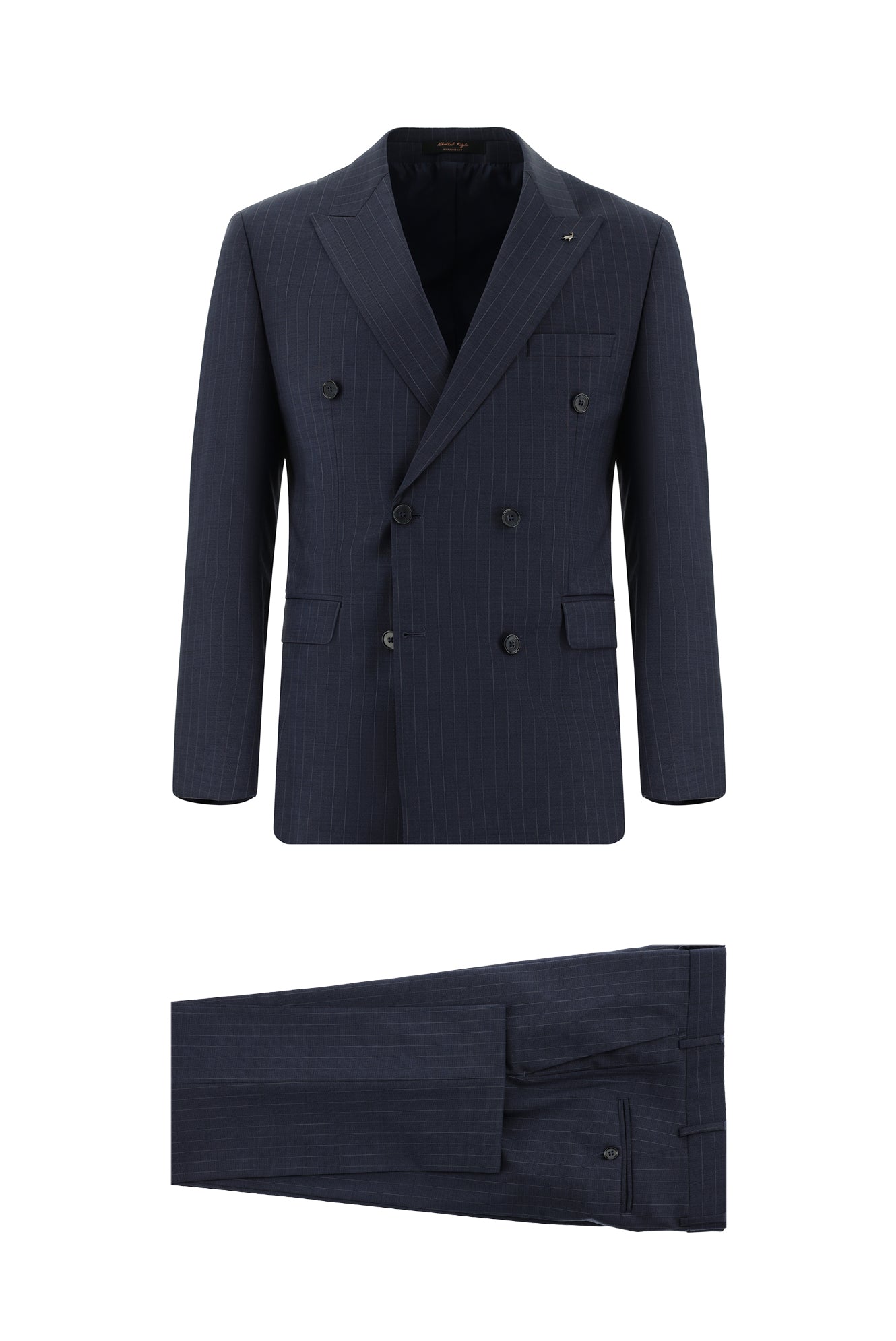Orta Lacivert Slim Fit Dar Kesim Yünlü Kruvaze Çizgili Takım Elbise