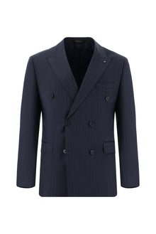 Orta Lacivert Slim Fit Dar Kesim Yünlü Kruvaze Çizgili Takım Elbise