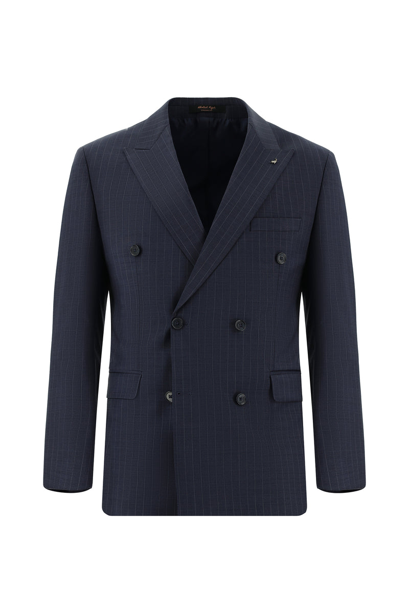 Orta Lacivert Slim Fit Dar Kesim Yünlü Kruvaze Çizgili Takım Elbise