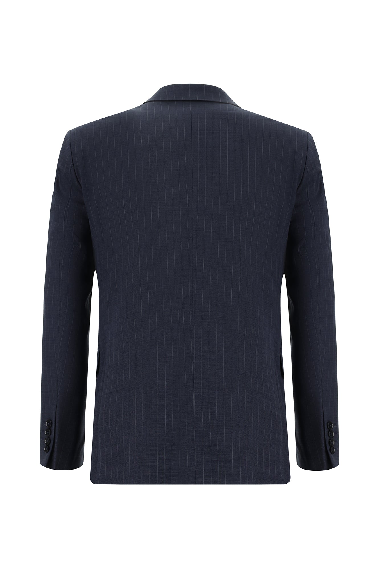 Orta Lacivert Slim Fit Dar Kesim Yünlü Kruvaze Çizgili Takım Elbise