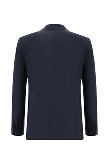Orta Lacivert Slim Fit Dar Kesim Yünlü Kruvaze Çizgili Takım Elbise