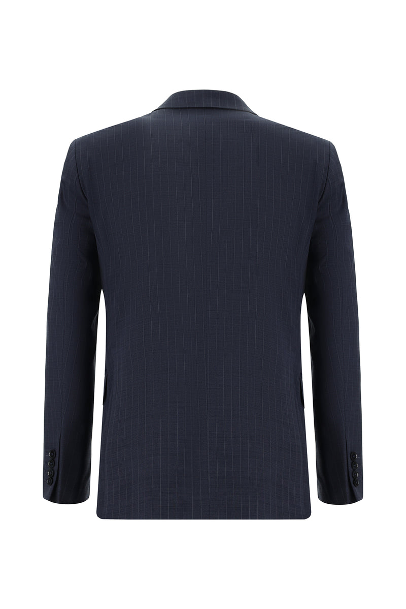 Orta Lacivert Slim Fit Dar Kesim Yünlü Kruvaze Çizgili Takım Elbise