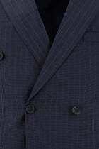 Orta Lacivert Slim Fit Dar Kesim Yünlü Kruvaze Çizgili Takım Elbise