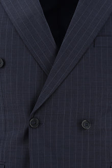 Orta Lacivert Slim Fit Dar Kesim Yünlü Kruvaze Çizgili Takım Elbise