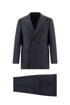 Koyu Lacivert 7 Drop Slim Fit Dar Kesim Yünlü Kruvaze Çizgili Tak?m Elbise-Abdullah Ki??l?