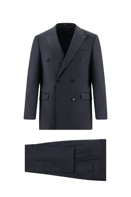 Koyu Lacivert 7 Drop Slim Fit Dar Kesim Yünlü Kruvaze Çizgili Tak?m Elbise-Abdullah Ki??l?