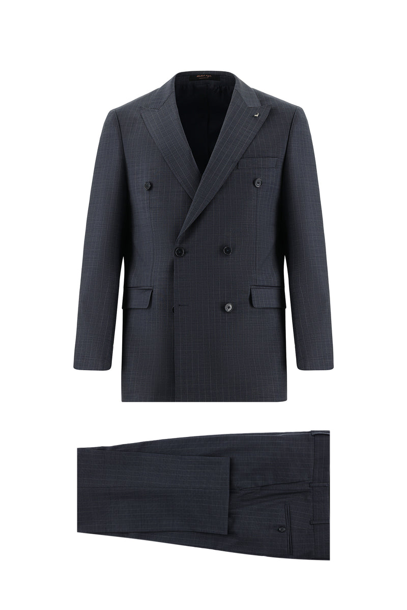 Koyu Lacivert Slim Fit Dar Kesim Yünlü Kruvaze Çizgili Takım Elbise